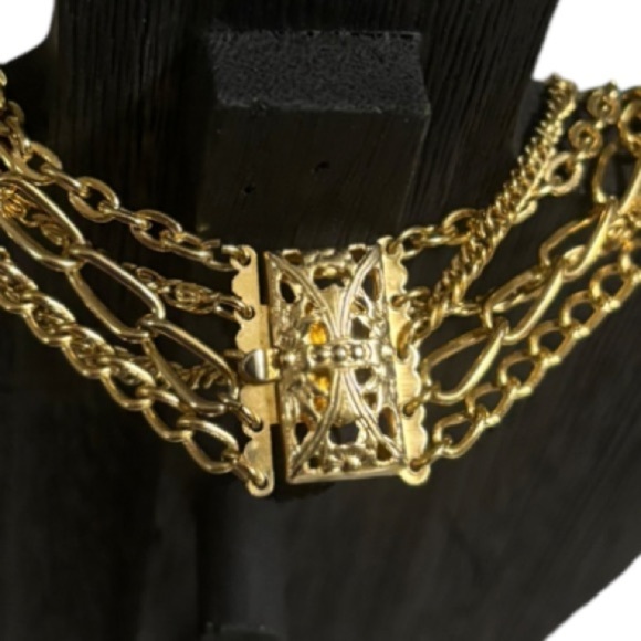 Long Multi Strand Gold Necklace with Locket Five Gold Tone Chains and Locket - Picture 8 of 12